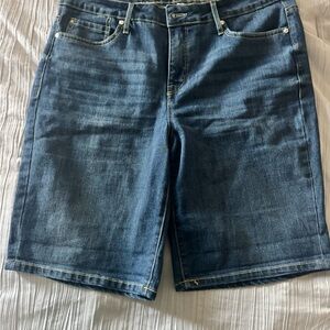 Seven7 Denim Bermuda Shorts in Blue with Gold Accents